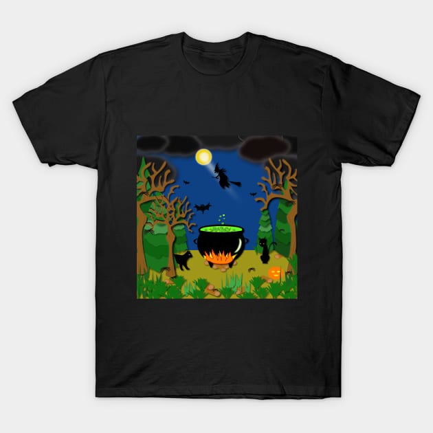 Scary, spooky, creepy, halloween with cauldron, spiders, bats, cats and a black witch on a broom stick T-Shirt by designInk